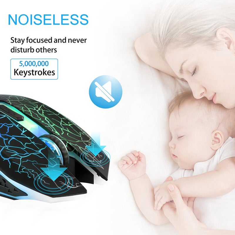 TENMOS M2 Wireless Gaming Mouse, Silent Rechargeable Optical USB Computer Mice Wireless with 7 Color LED Light, Ergonomic Design, 3 Adjustable DPI Compatible with Laptop/PC/Notebook, 6 Buttons (Black) - Image 2